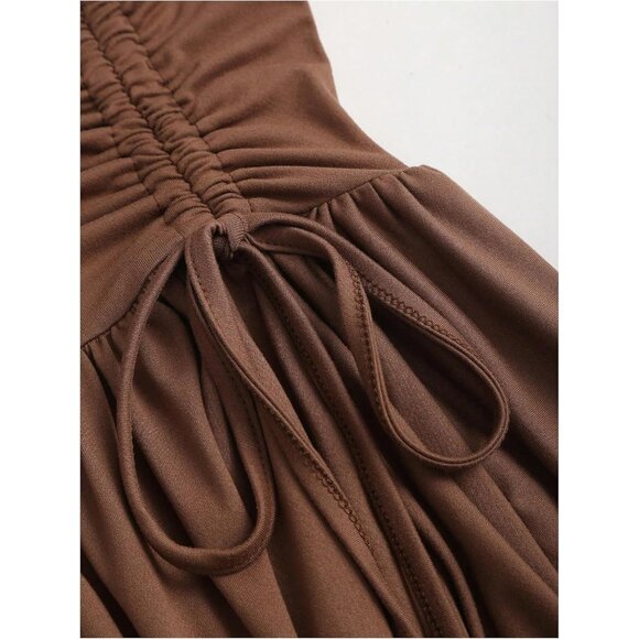 Women's Halter Dress Polyester V Neck Ruched Asymmetrical Short Casual - Picture 4 of 5